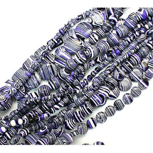 Gemstone Beads Strand, Synthetic Malachite, Mixed Shapes, Black, White and Purple, 4~20x4~20x4~8 mm