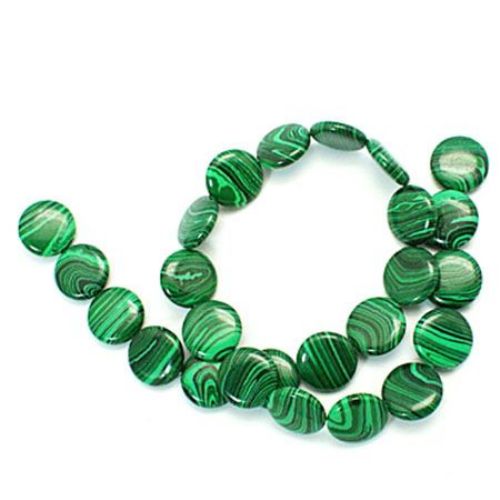 Gemstone Beads Strand, Synthetic Malachite, Flat Round, Black, Green, 16x5mm, 25 pcs