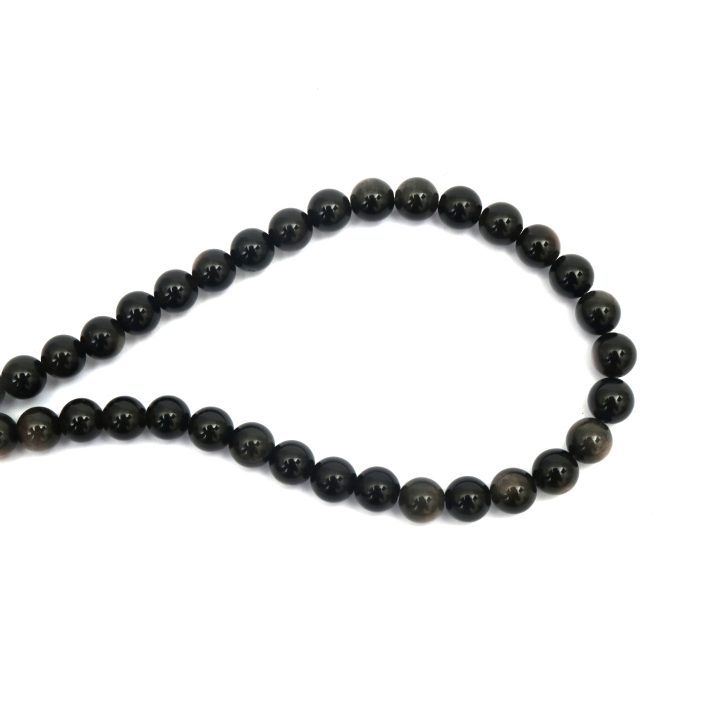 String of Semi-Precious Stone Beads Natural Silver Sheen OBSIDIAN, Ball: 10 mm ~ 38 pieces