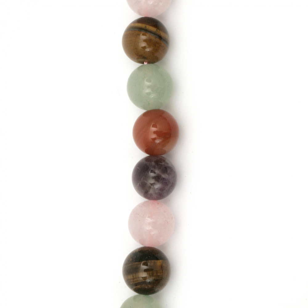 String Semi-precious Ball-shaped Beads / ASSORTED STONES, Ball: 10 mm ~ 38 pieces
