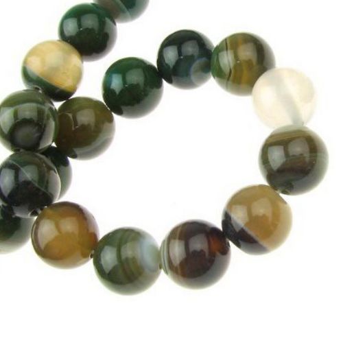 Șirag de mărgele din agat natural dungat, vopsit, rotunde, verde, 10 mm, ~38 buc.