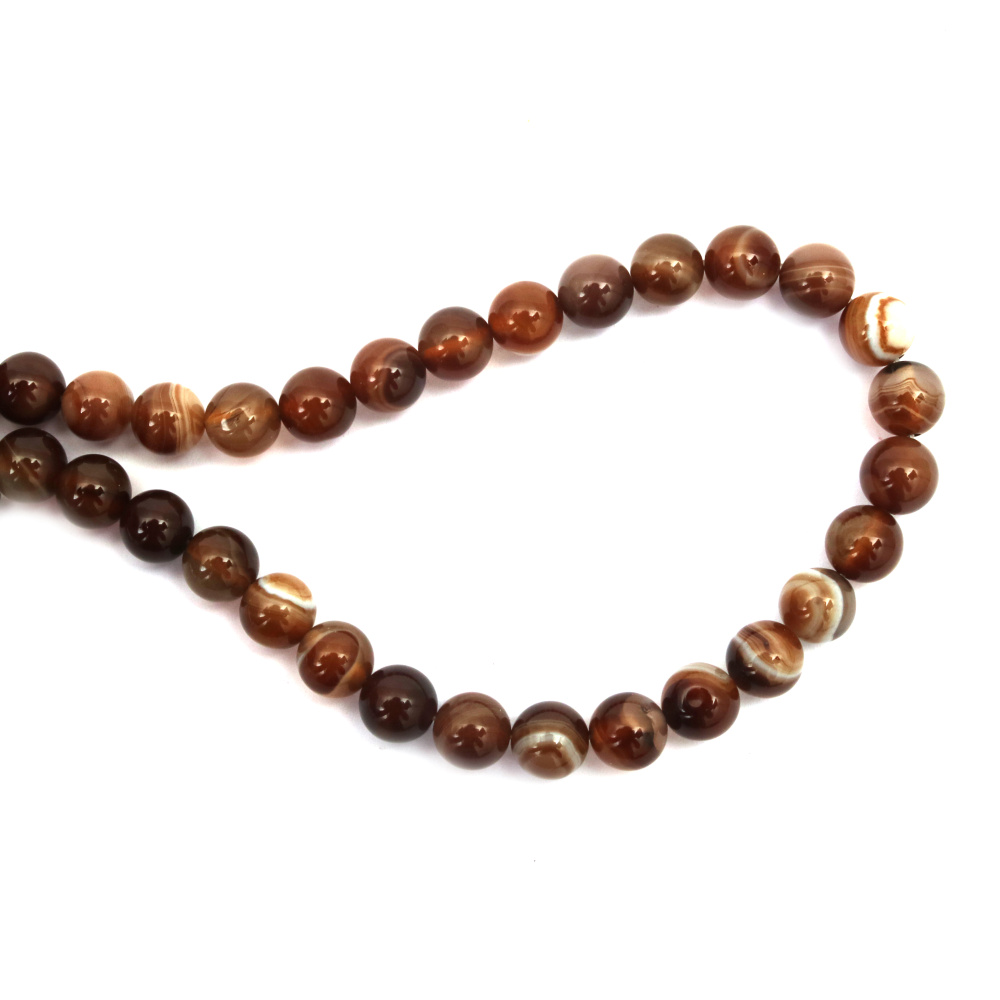 String of Semi-precious AGATE Stones, Striped Light Brown Ball Beads / 10 mm ~ 37 pieces