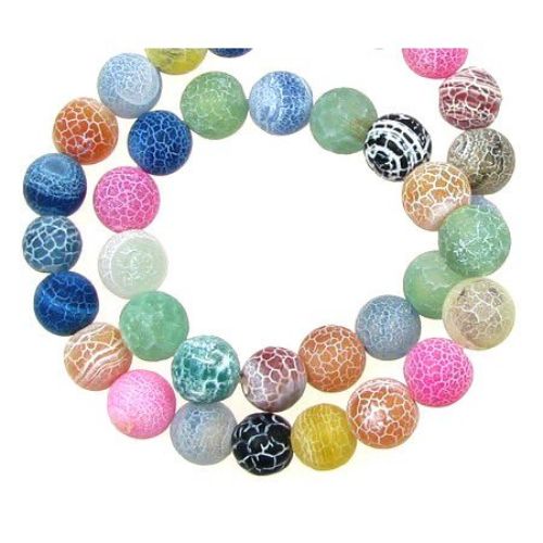 Natural Agate Round Beads Strand, Died, Frosted, Crackle, Assorted Colors  10mm ~ 38 pcs