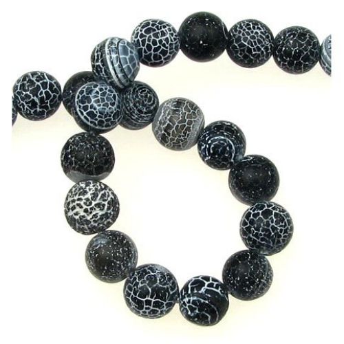 Cracked Matte Natural Stone Beads String / Black AGATE, Ball: 10 mm ± 40 pieces