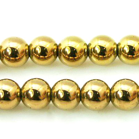 Gemstone Beads Strand, Non-Magnetic Synthetic Hematite, Golden color, Round, 6mm, ~66 pcs