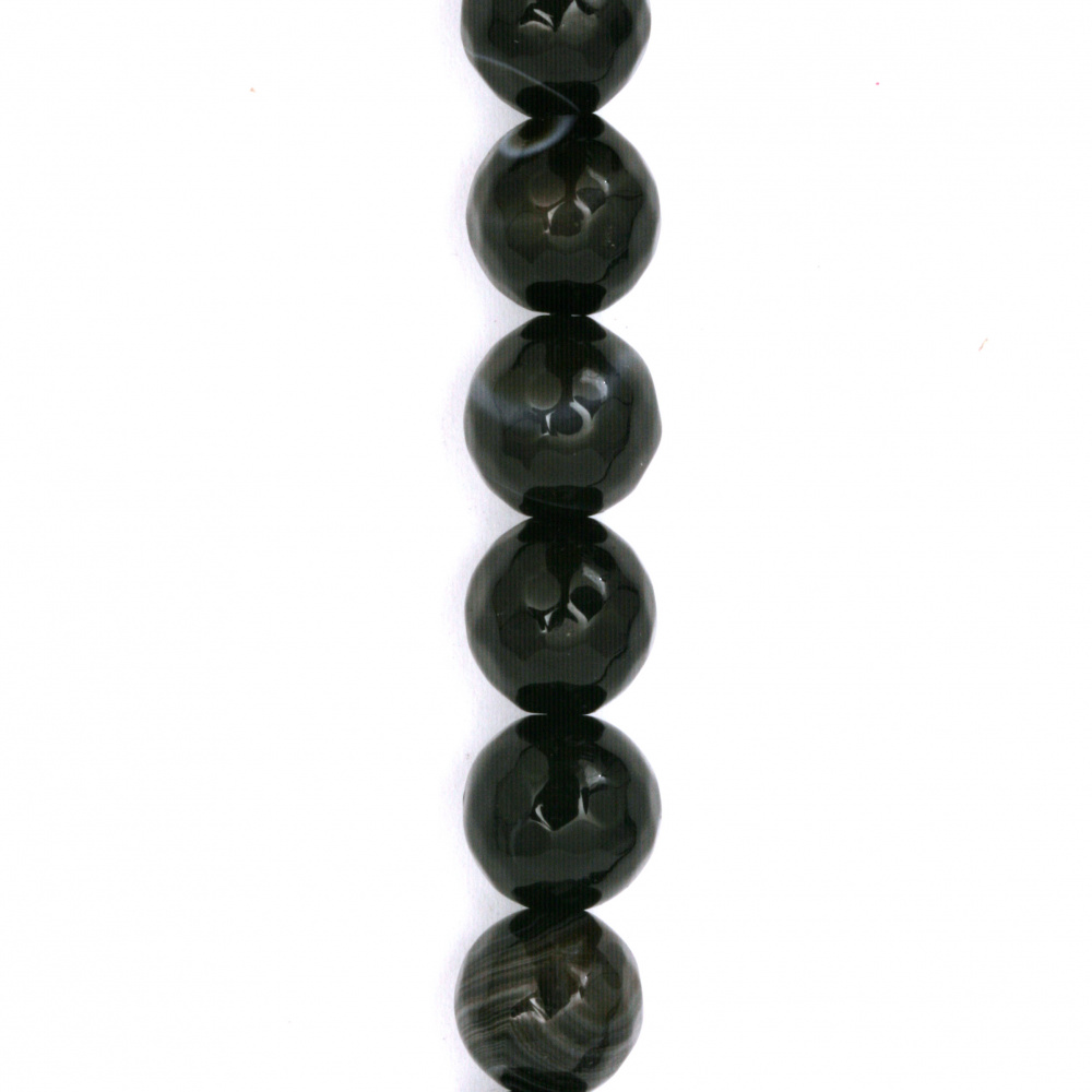 String Faceted Natural Stone Beads / Brazilian STRIPED BLACK AGATE, Ball: 10 mm ~37 pieces