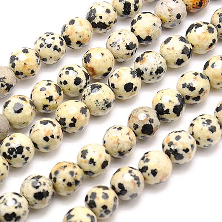 String Faceted Semi-precious Stone Beads / DALMATIAN JASPER, Ball: 8 mm ~ 48 pieces