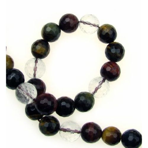 Natural Assorted Gemstone Round Beads Strand, TIGER'S EYE, MOUNTAIN CRYSTAL, Facetted 10 mm ~ 40 pieces