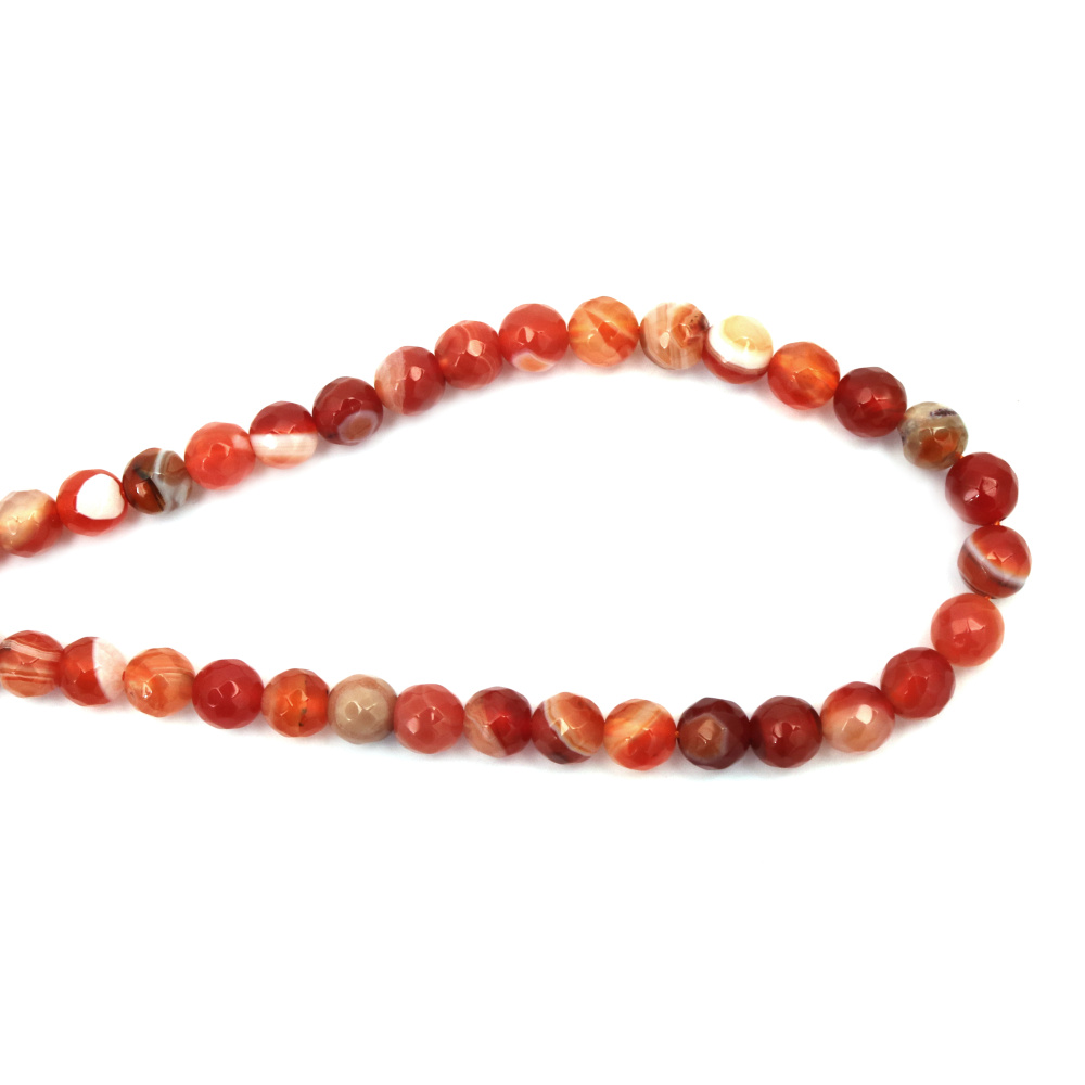 String of Semi-precious AGATE Stones, Striped Orange Faceted  Ball Beads / 8 mm ~ 47 pieces