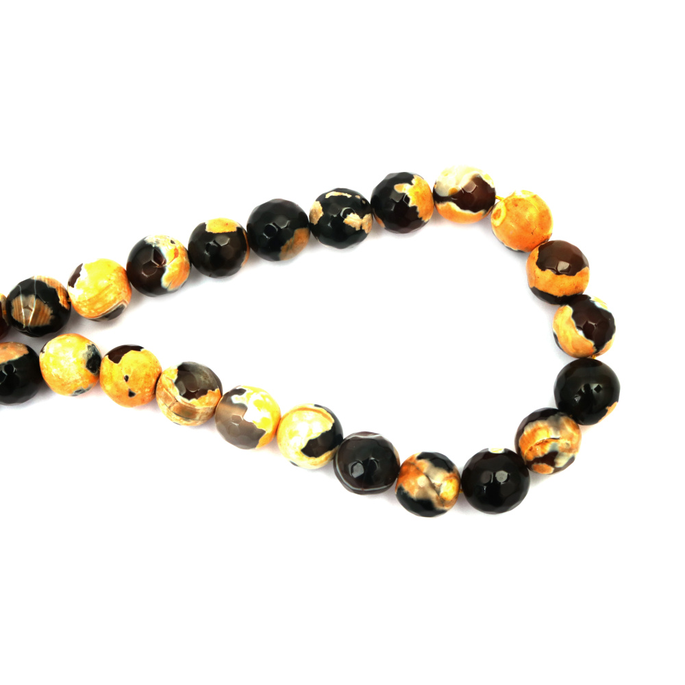String of Semi-precious Stone Beads, Black-Orange AGATE / Faceted Ball: 14 mm ~ 28 pieces