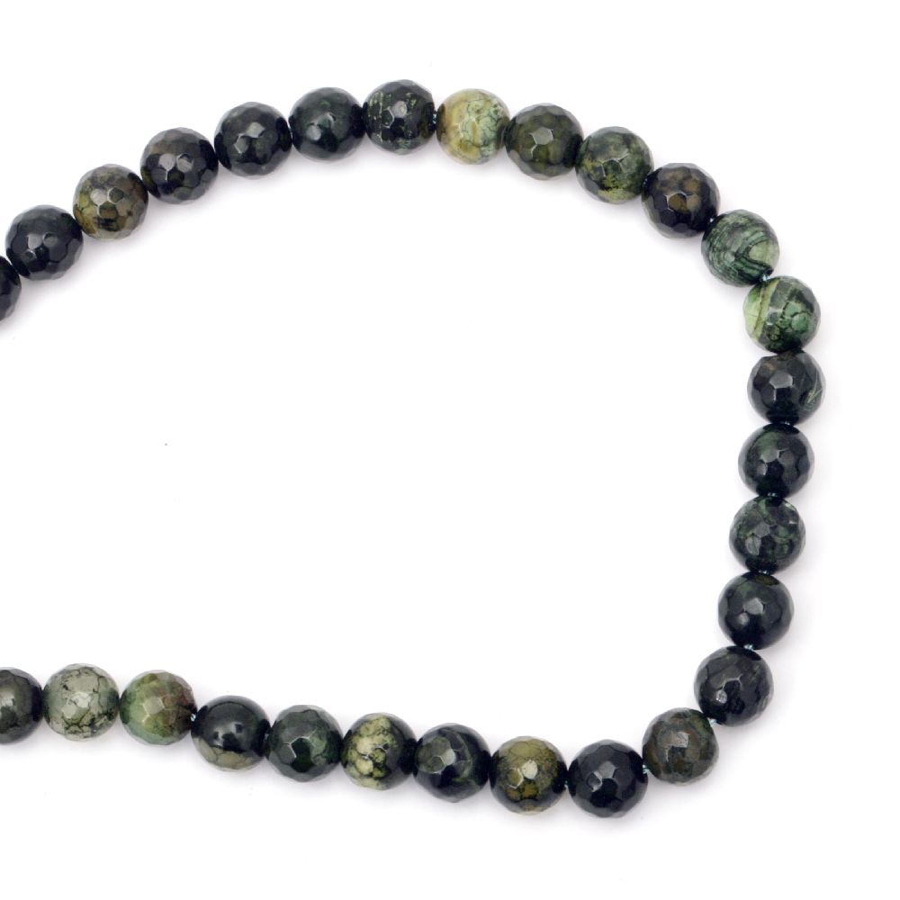 String Cracked Faceted Natural Stone Beads / AGATE, Dark Green MIX, Ball: 10 mm ± 38 pieces