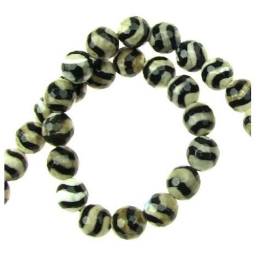 String of semi-precious stone AGATE beads, black and white, faceted spheres, 8 mm in size, approximately 48 pieces