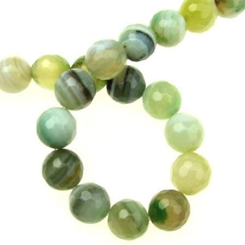 String Colored Semi-precious STRIPED AGATE Stone Beads, Light Green, Faceted Ball: 10 mm ~ 40 pieces 