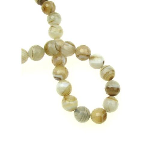 String Faceted Semi-precious LACE AGATE Stone Beads, White-Brown, Ball: 10 mm ± 37 pieces