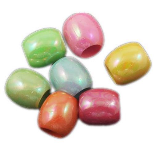 Plastic Cylindrical ART Bead with Iridescent Coating, 12x11.5 mm, Hole: 6.5 mm, MIX -14 pieces