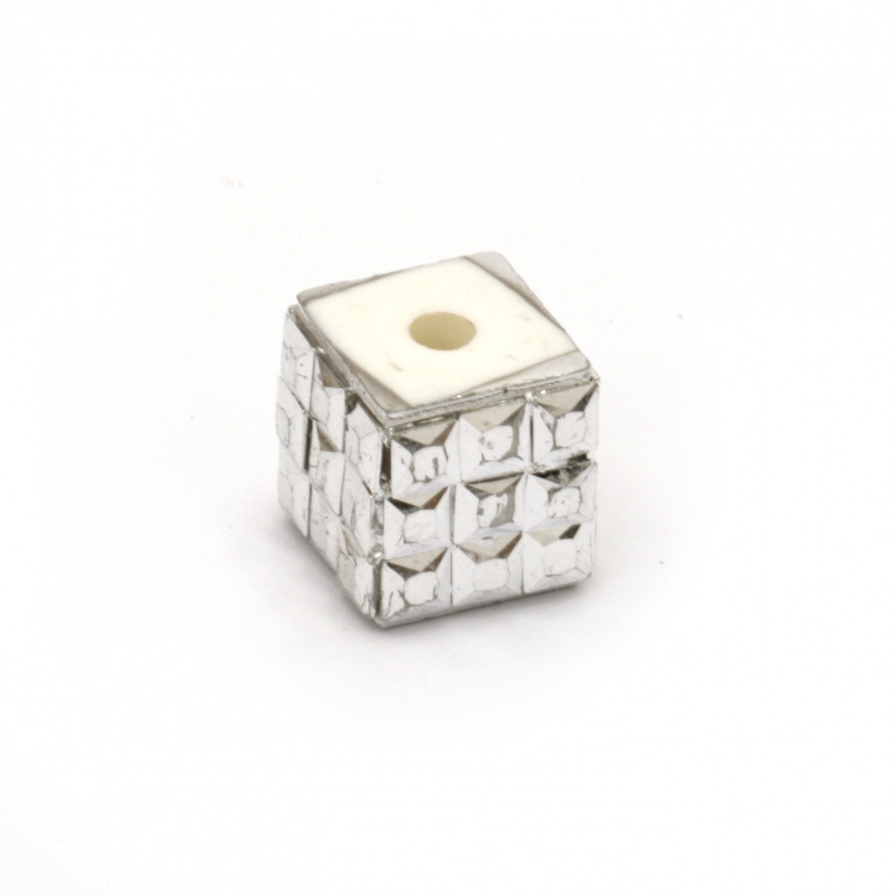 Resin art bead, cube with tiny crystals 10x10x10 mm hole 5 mm color silver - 5 pieces