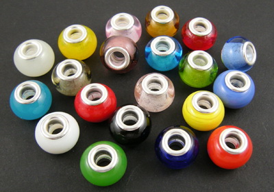 Multi-colored Handmade Glass Bead (PANDORA Type) with Metal Core and Large Hole, 14x10 mm, Hole: 5 mm