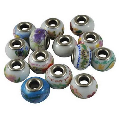Colorful porcelain bead  handmade, Pandora type element 15x8 mm hole 5 mm