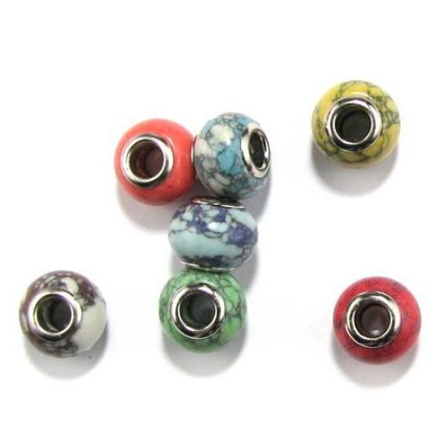 Art gemstone round bead, Pandora style color 14x10 mm hole 5 mm