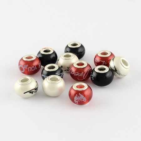Assorted colors art round glass bead with print inscriptions 11.5x14 mm hole 5 mm painted