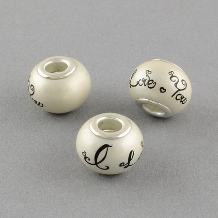 Art round glass bead with print 11.5x14 mm hole 5 mm painted white
