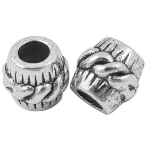 Art cylinder shaped bead, Pandora style 11x10 mm hole 5 mm metal color silver
