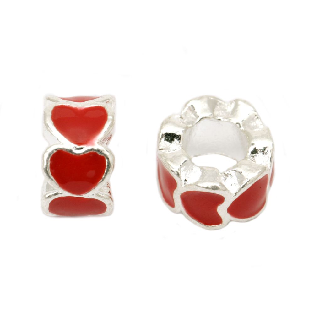 Metal Ring-shaped ART Bead with Hearts, 10x6 mm, Hole: 5 mm, Silver with Red