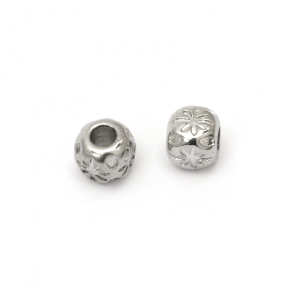 Art steel bead, ball form 9x10 mm hole 5 mm color silver