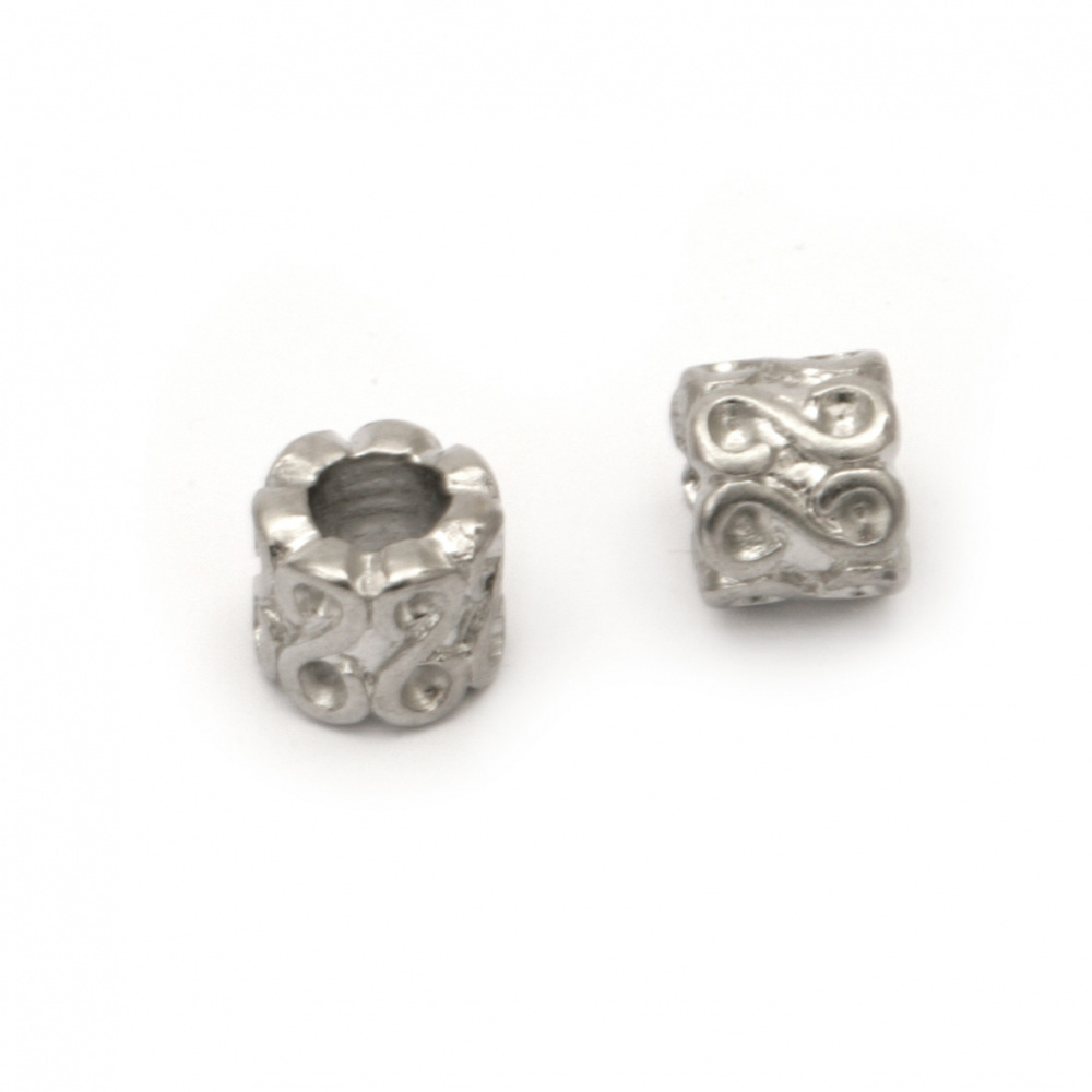 Art steel cylinder bead 8x8.5 mm hole 4.8 mm color silver