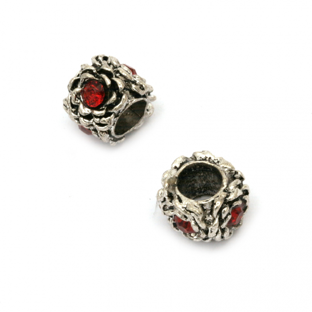 Engraved Metal ART Bead with Red Crystals, Old Silver Imitation, 10x9 mm, Hole: 5 mm