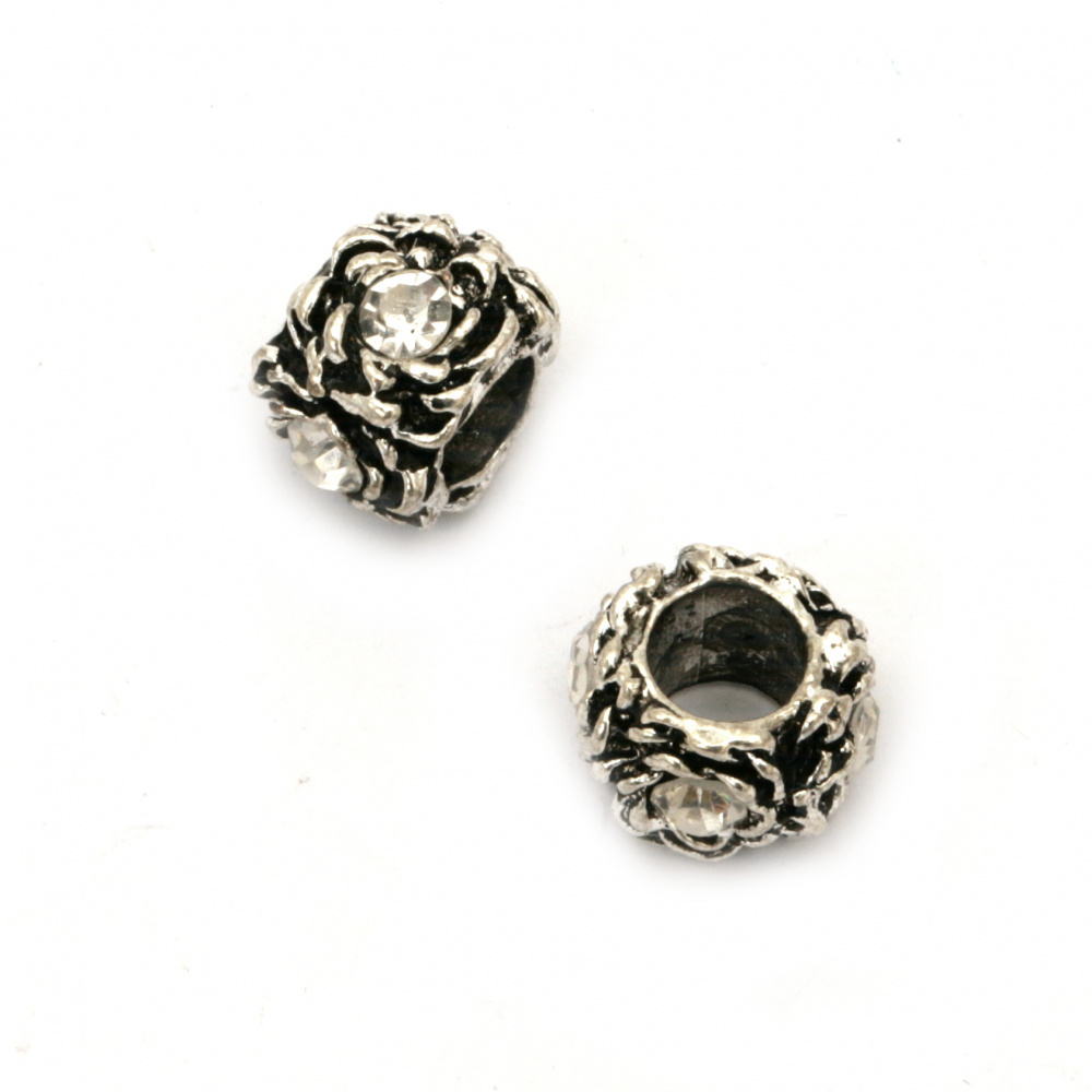 Metal ART Bead with White Crystals for Jewelry Findings, Old Silver Imitation, 10x9 mm, Hole: 5 mm