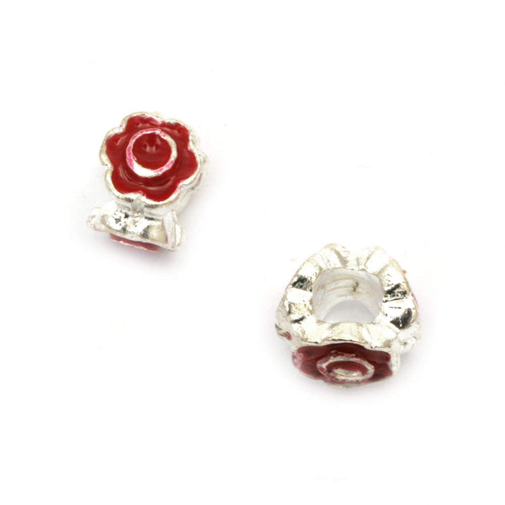 Metal ART Bead with Painted Flowers, Silver and Red, 11x8 mm, Hole: 5 mm