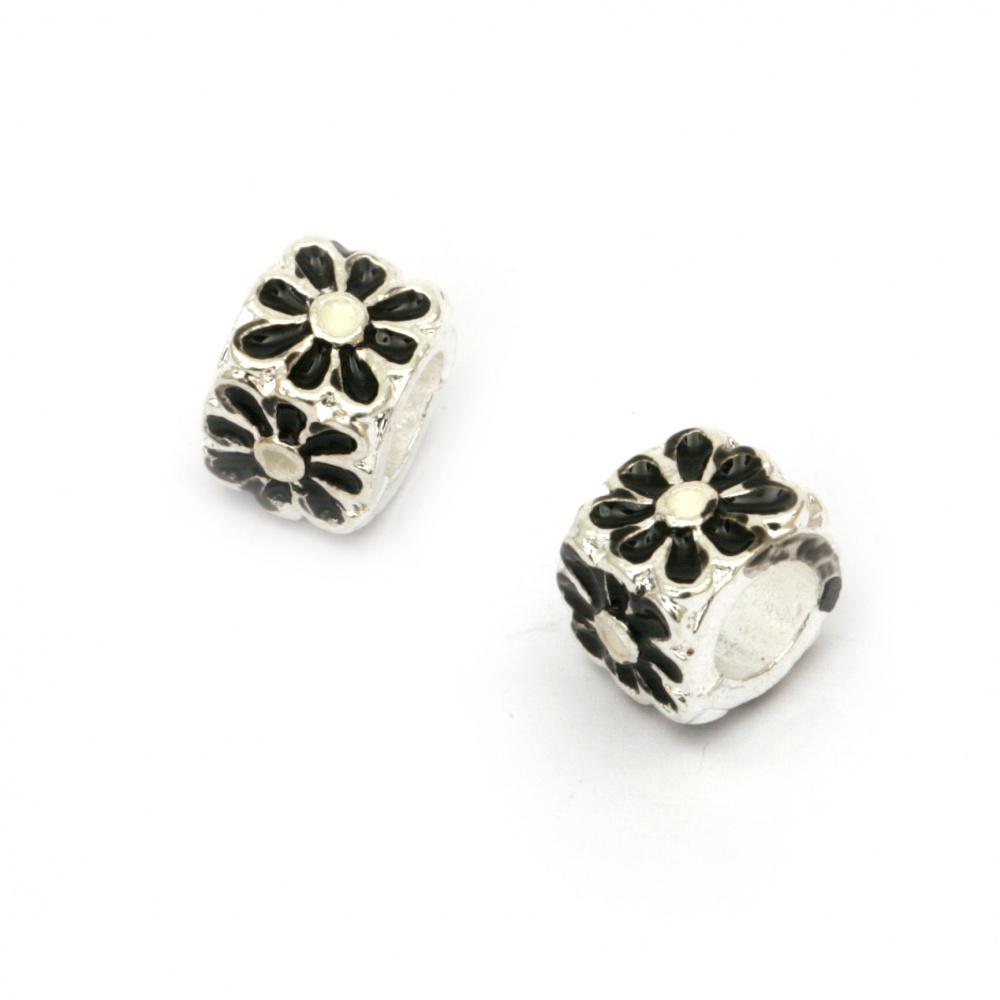 Metal Cube ART Bead with Painted Flowers, Silver and Black,  10x10 mm, Hole: 5.5 mm