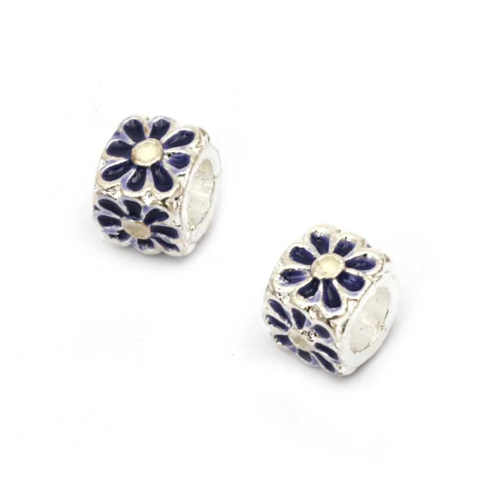 Metal Cube ART Bead with Painted Flowers, Silver and Dark Blue,  10x10 mm, Hole: 5.5 mm