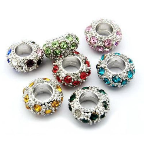 Disc shaped bead with small color crystals, Pandora style 11x6 mm hole 5 mm