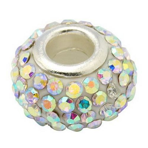 Art resin bead with rainbow color crystals, round Pandora type element 15x10 mm hole 5 mm