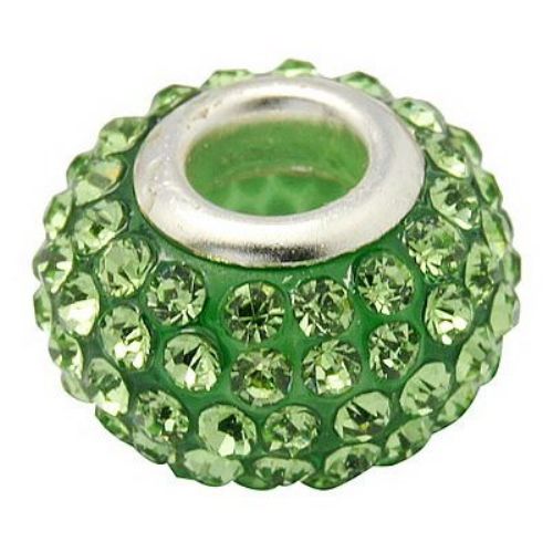 Resin made round bead  with green crystals and metal core, Pandora style charm 15x10 mm hole 5 mm