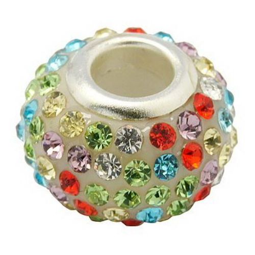 Art resin round bead with colored crystals, Pandora style 15x10 mm hole 5 mm