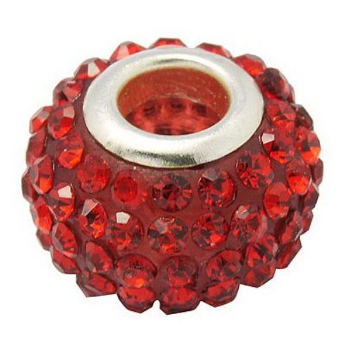 Art resin bead with red crystals, Pandora type 15x10 mm hole 5 mm