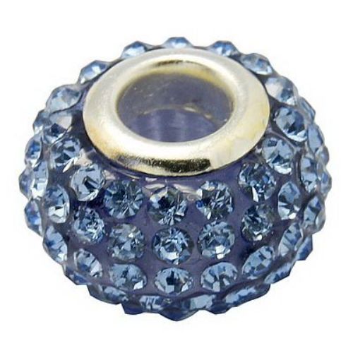 Round art bead with small blue crystals, Pandora type 15x10 mm hole 5 mm