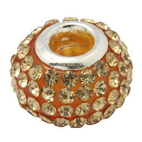 Round painted resin  bead with beige crystals and bronze core in silver color 15x10 mm hole 5 mm