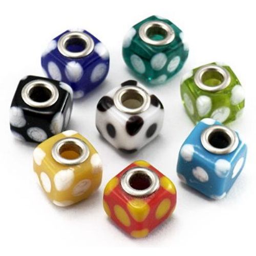 MURANO Glass Cube ART Bead with Metal Core and Large Hole, 12 mm, Hole: 5 mm