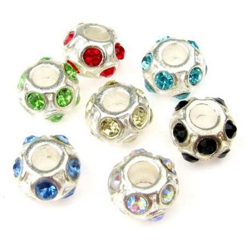 Metal Round ART Bead with Crystals for DIY Jewelry Design, 10x7.5 mm, Hole: 5 mm, ASSORTED