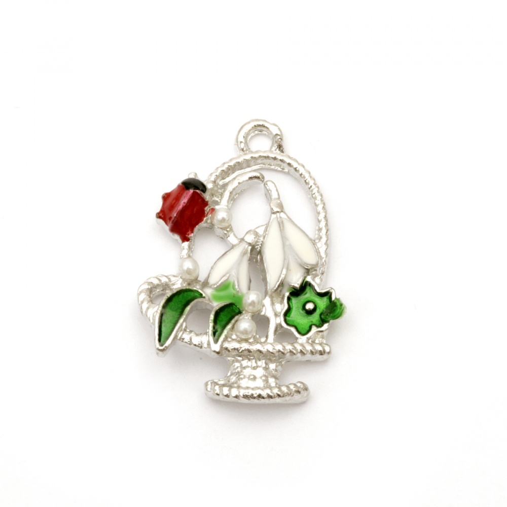 Metal pendant with pearls, basket with snowdrop and ladybug 26.5x17x5 mm hole 2 mm color silver - 2 pieces