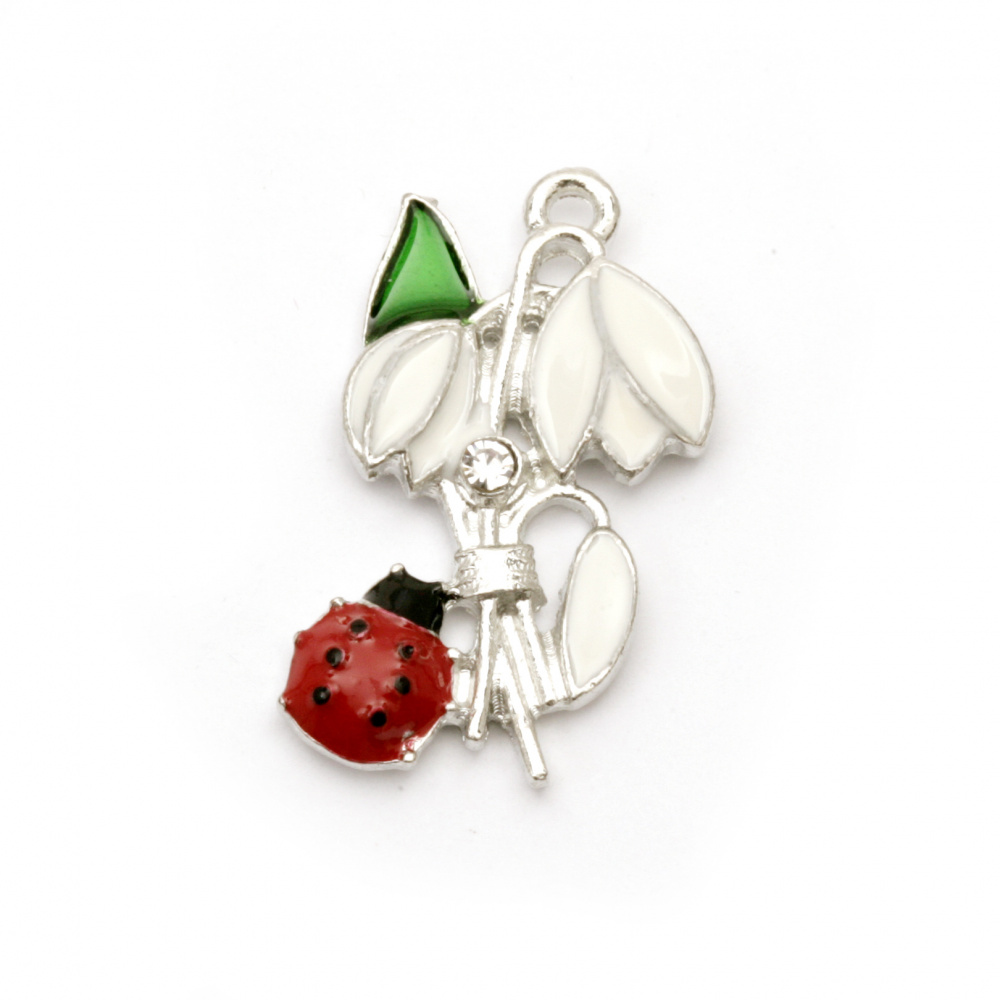 Pendant metal with crystal snowdrop with ladybug 26x17x3 mm hole 1.5 mm color silver - 2 pieces