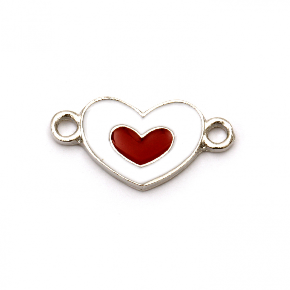 Two color connecting metal element, heart white and red 20x14.5x3.5 mm hole 1.5 mm color silver - 5 pieces
