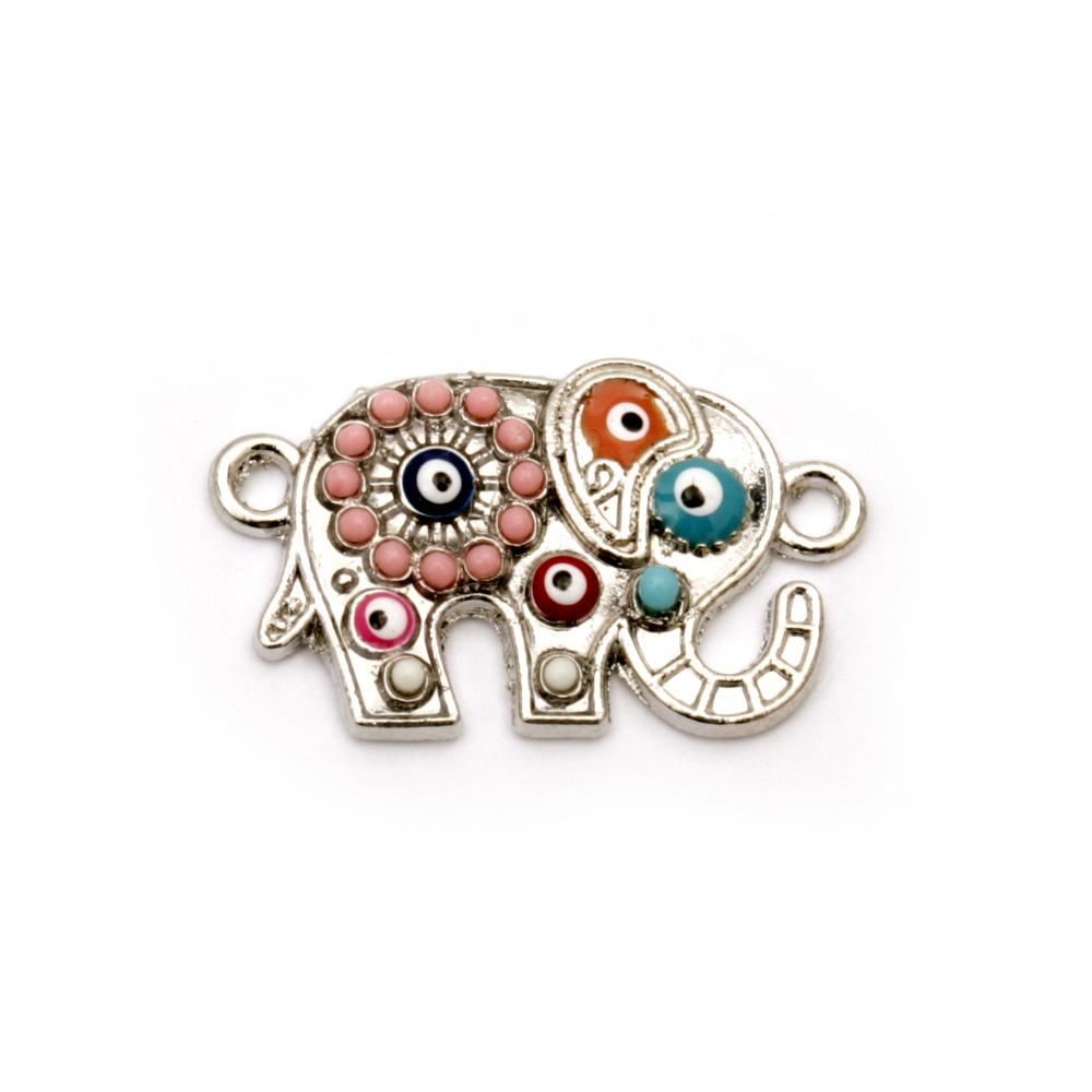Connecting metal  element, elephant with eyes, evil eye and pebbles 23x14x3 mm hole 1. 5 mm color silver - 2 pieces