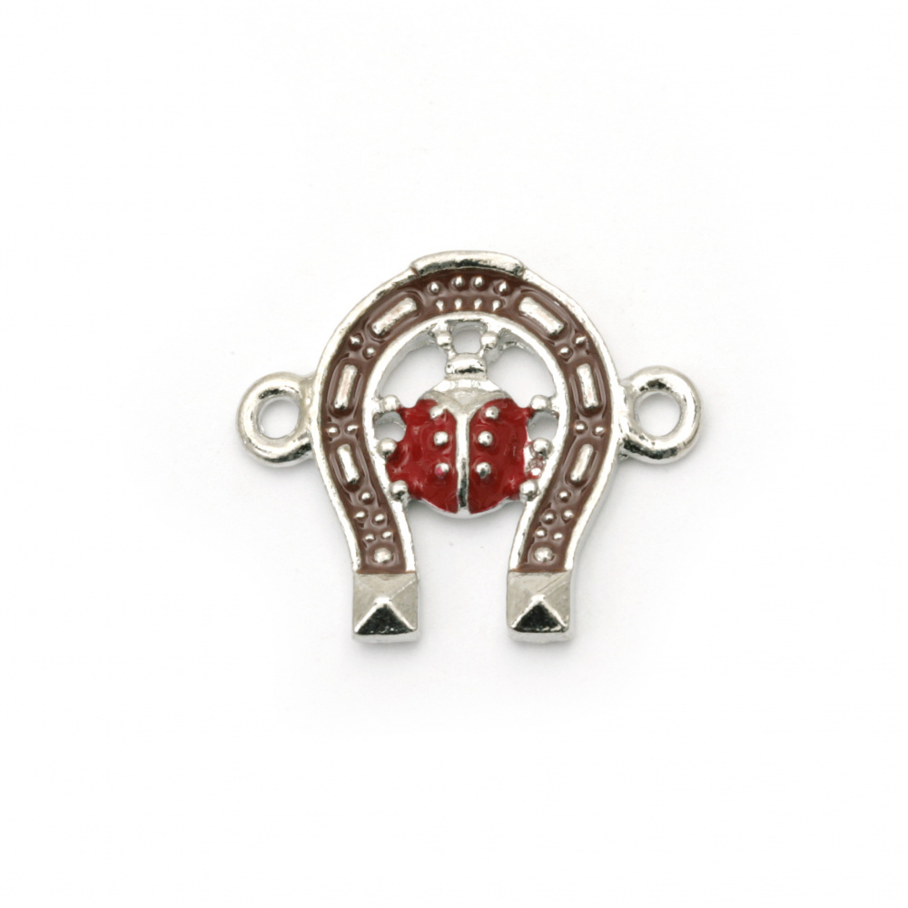 Jewelry finding  element, metal connector horseshoe with ladybug 22x20x3.5 mm hole 1.5 mm color silver - 2 pieces