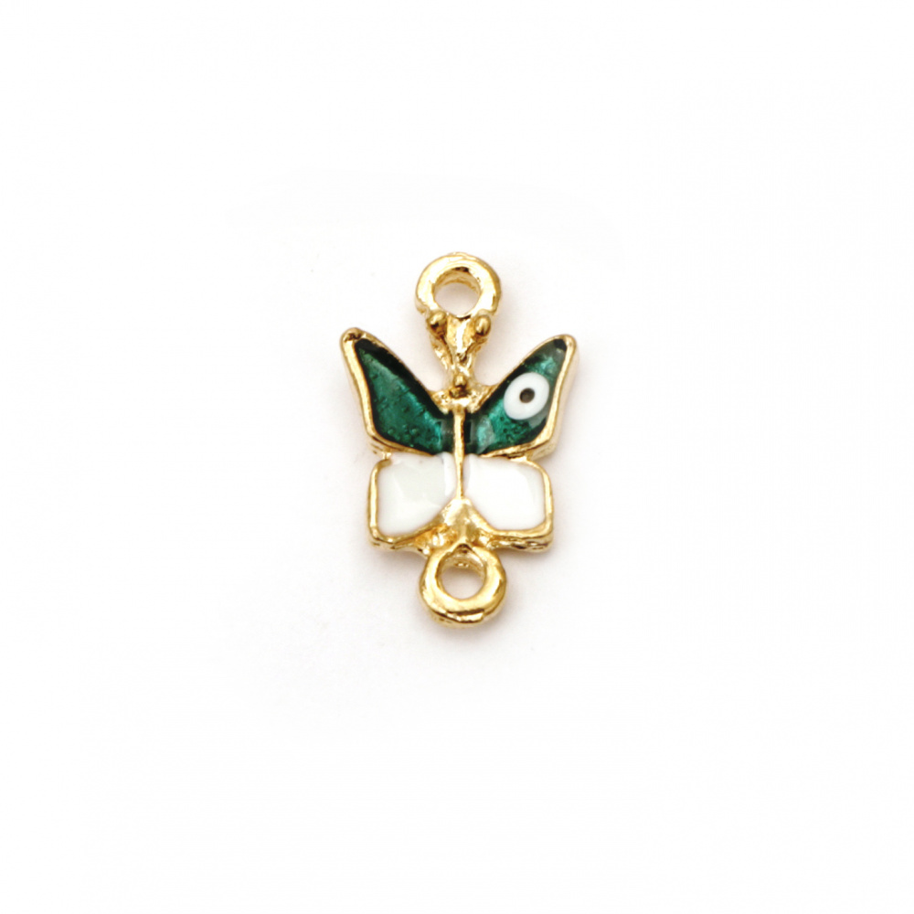 Connecting element metal butterfly with an eye, white and green 17x10x3 mm hole 1.5 mm color gold - 2 pieces