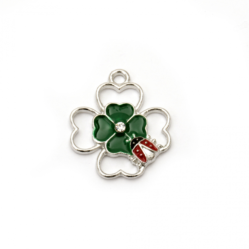 Metal pendant beads clover with crystal and ladybug 25x22x3.5 mm hole 2 mm color silver - 2 pieces